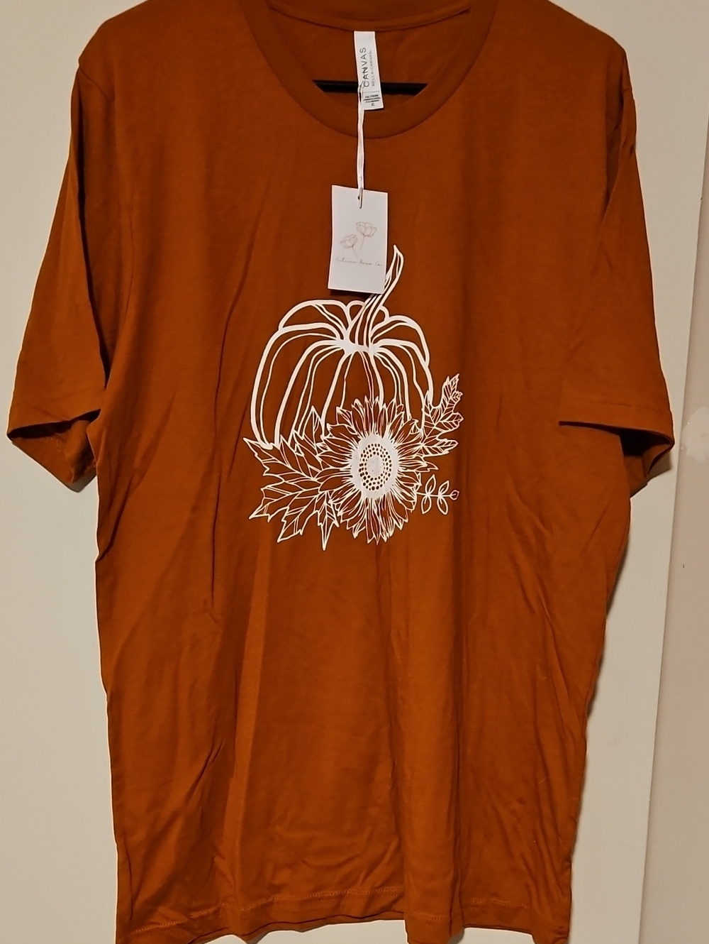 Bella Canvas Rust Orange Crewneck T-Shirt with White Pumpkin Floral Print